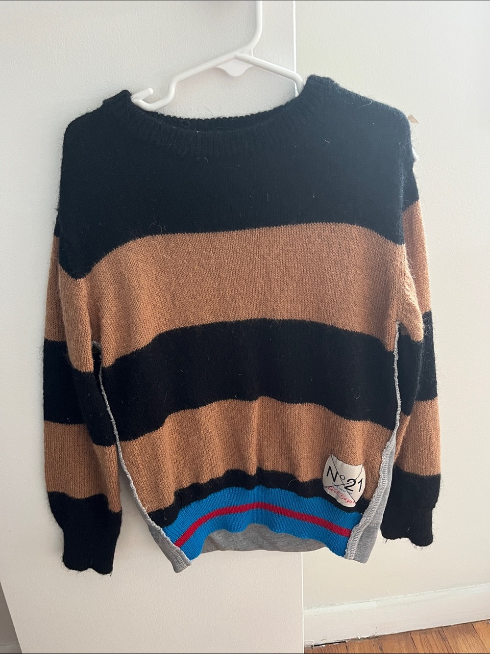 V°21 Black Knit Sweater with Blue Hem Accent